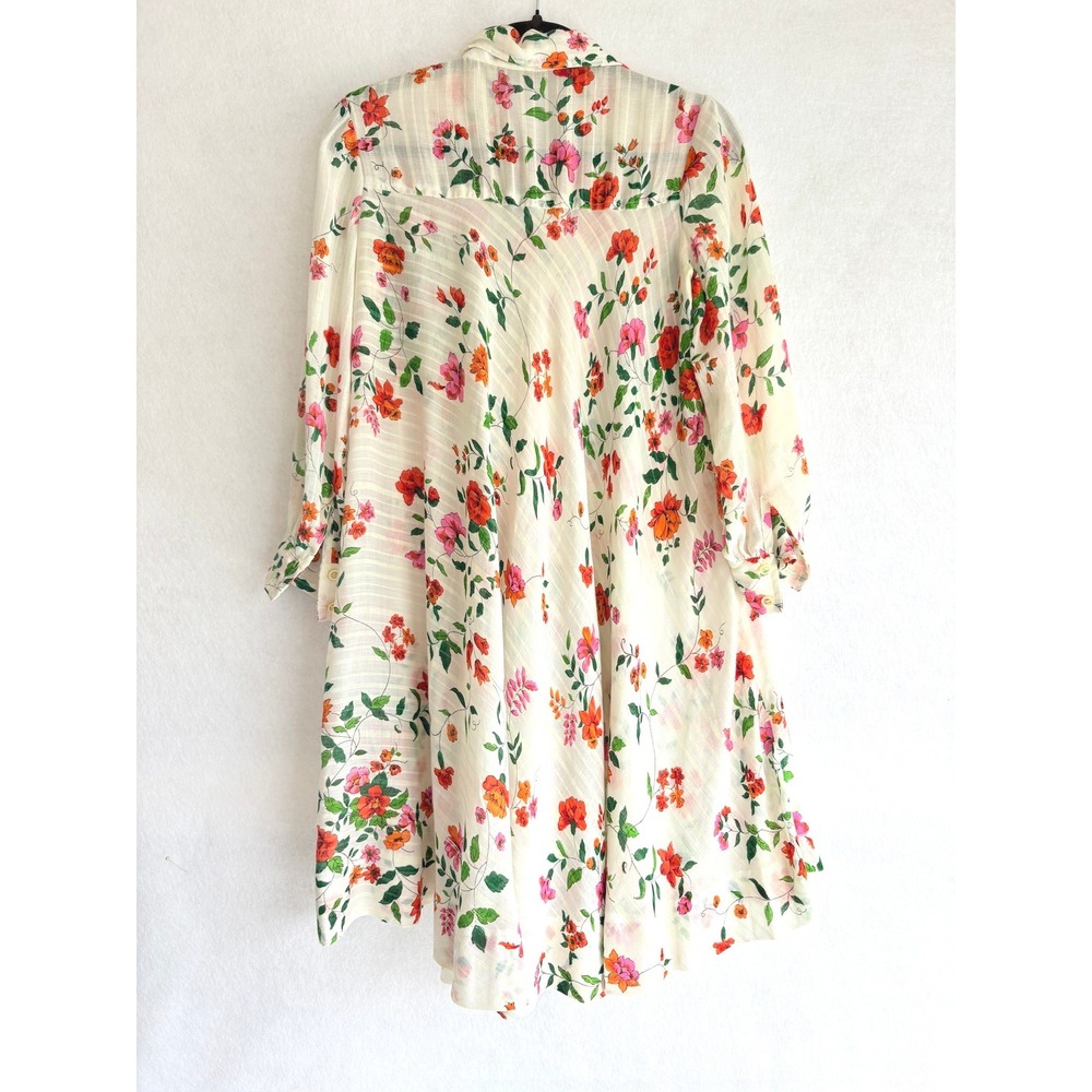 Vintage 70s Floral Striped Sheer Prairie Boho Mini Shirt Dress White Orange Pink - Picture 4 of 6